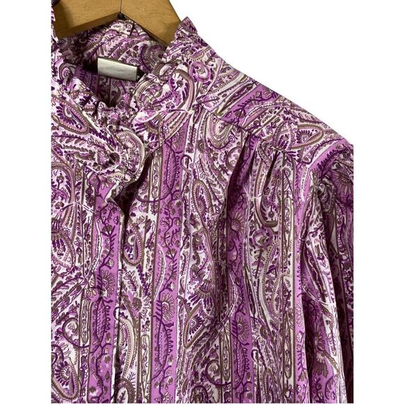 Vintage 1960s Blouse High Ruffle Neck Purple Paisley Button Up Secretary 42 / 2X - Picture 8 of 15